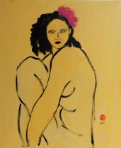 Yellow Nude with Pink Flower