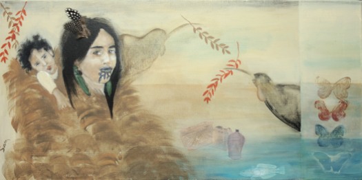 Maori woman with child in a kahu kiwi cloak